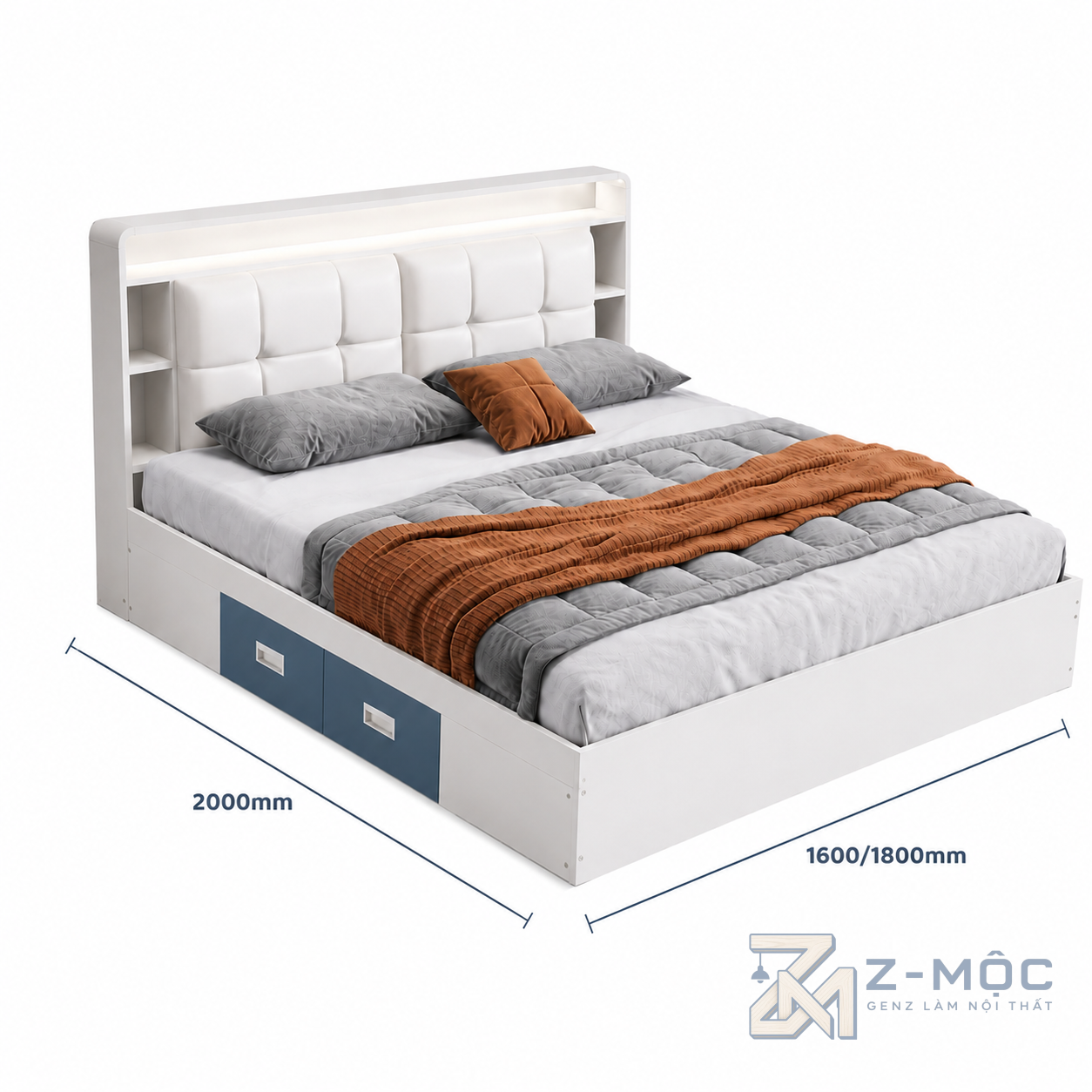 Kích thước chi tiết Giường Ngủ Trắng Có Kệ Và Đệm Đầu Giường ZM-11034