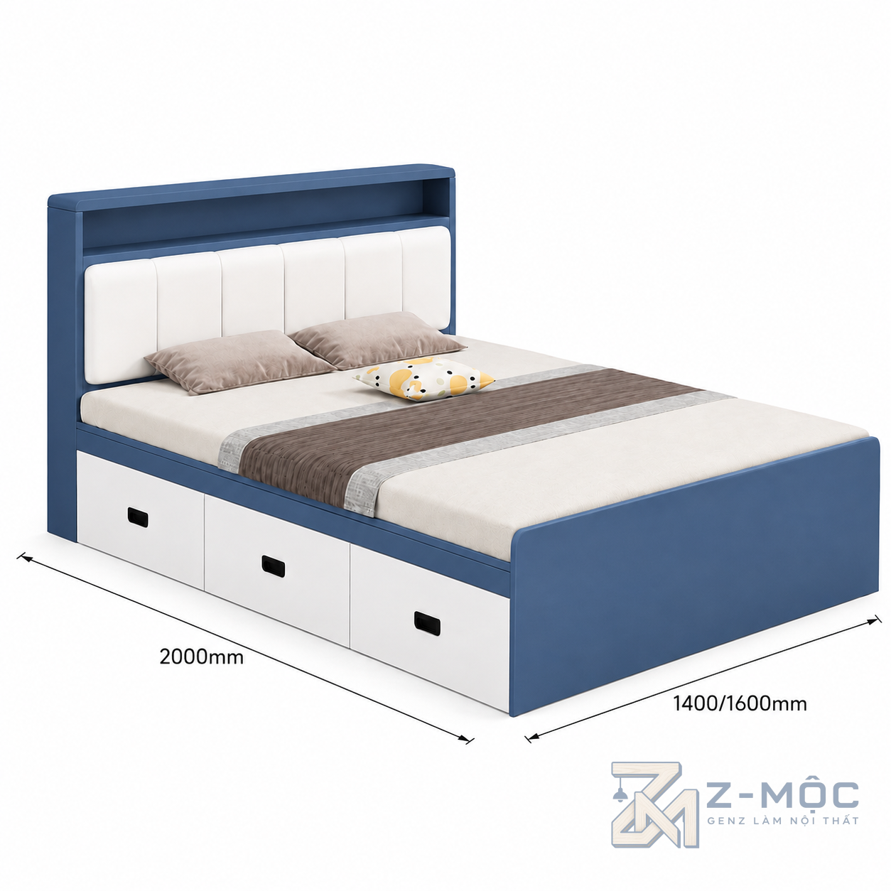 Kích thước chi tiết Giường Ngủ Xanh Trắng 3 Hộc Kéo Đầu Giường Bọc Nệm ZM-11035