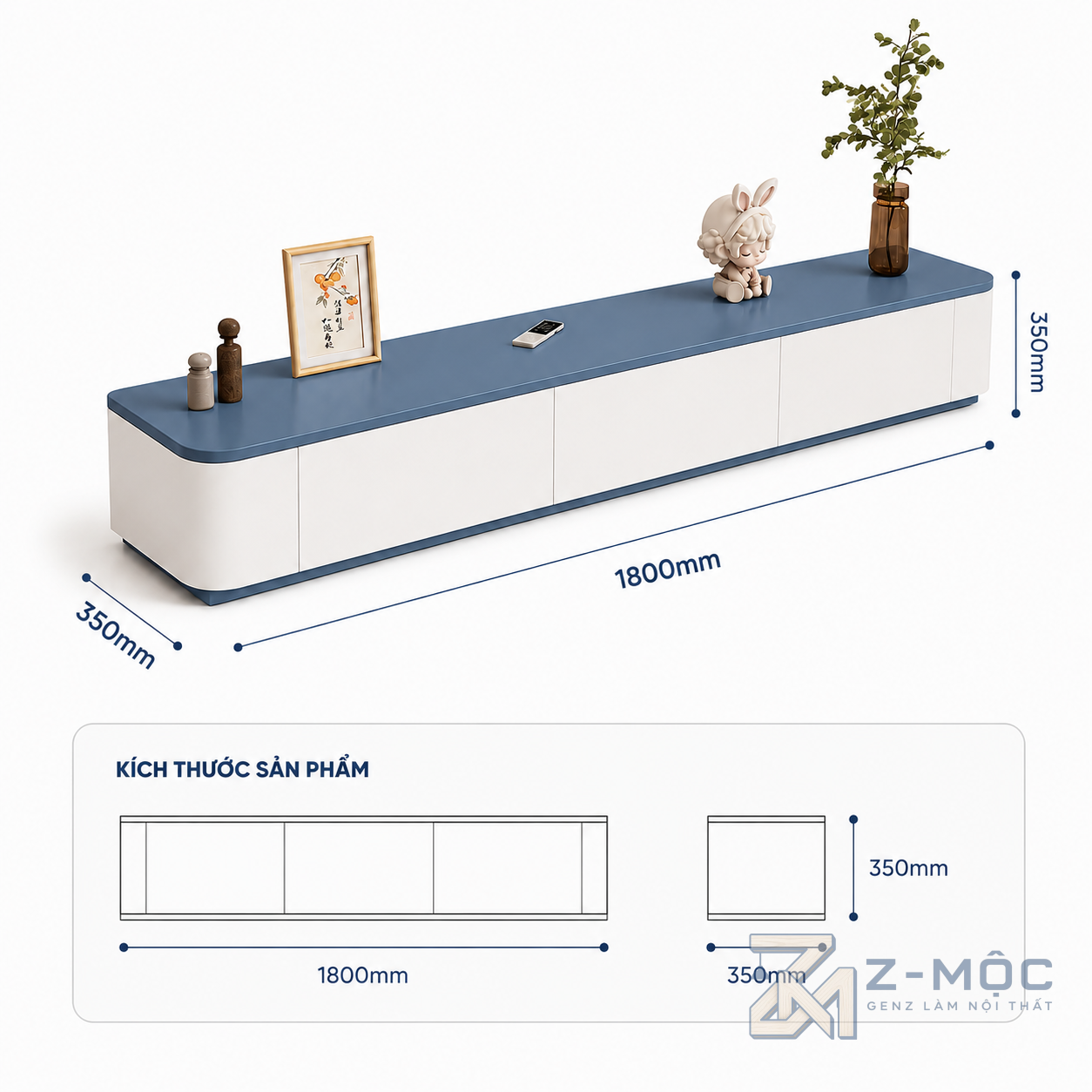Kích thước chi tiết Kệ Tivi Dài Bo Góc 2 Bên Hiện Đại Tối Giản ZM-90002
