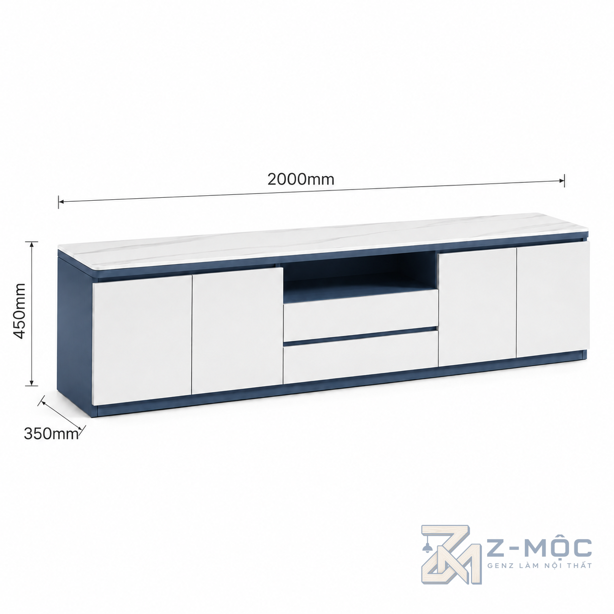 Kích thước chi tiết Kệ Tivi Dài Kèm Mặt Đá Trắng Phối Xanh Hiện Đại ZM-90003