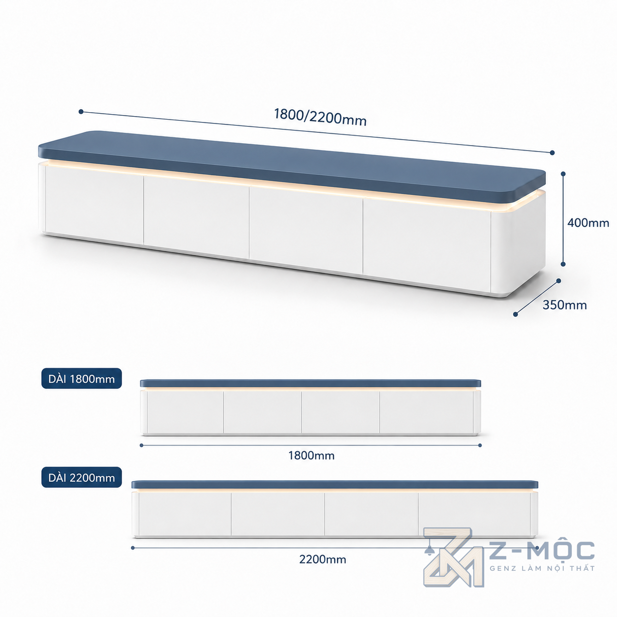 Kích thước chi tiết Kệ Tivi Gỗ Công Nghiệp Trắng Xanh Có Đèn LED ZM-90007