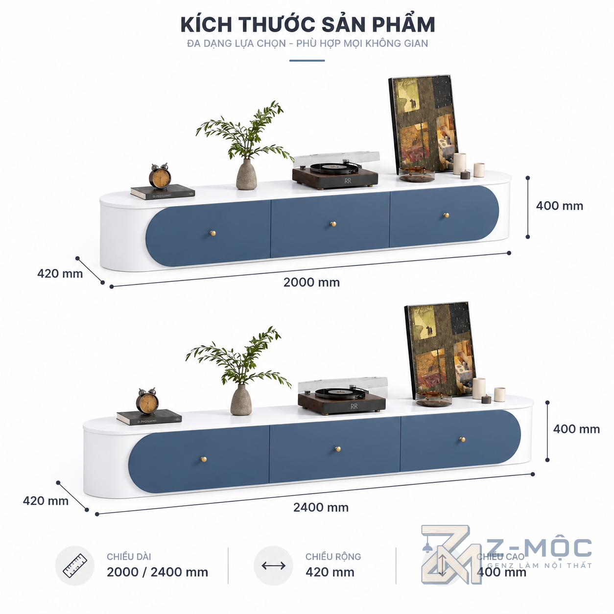 Kích thước chi tiết Kệ Tivi Màu Xanh Dương Phối Trắng Bo Cong Hiện Đại ZM-90006