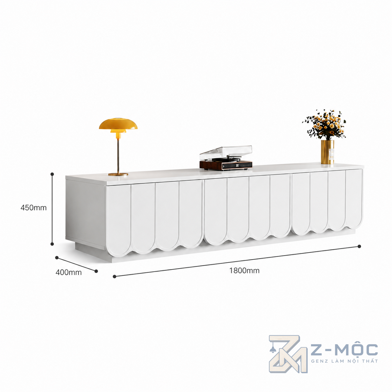 Kích thước chi tiết Kệ Tivi Trắng Cánh Gợn Sóng Độc Đáo ZM-90010