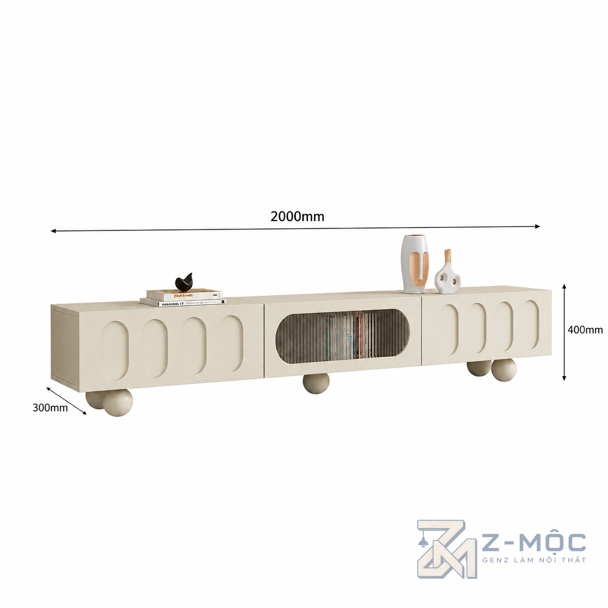 Kích thước chi tiết Kệ Tivi Trắng Cánh Kính Sọc Chân Bi ZM-90011 2