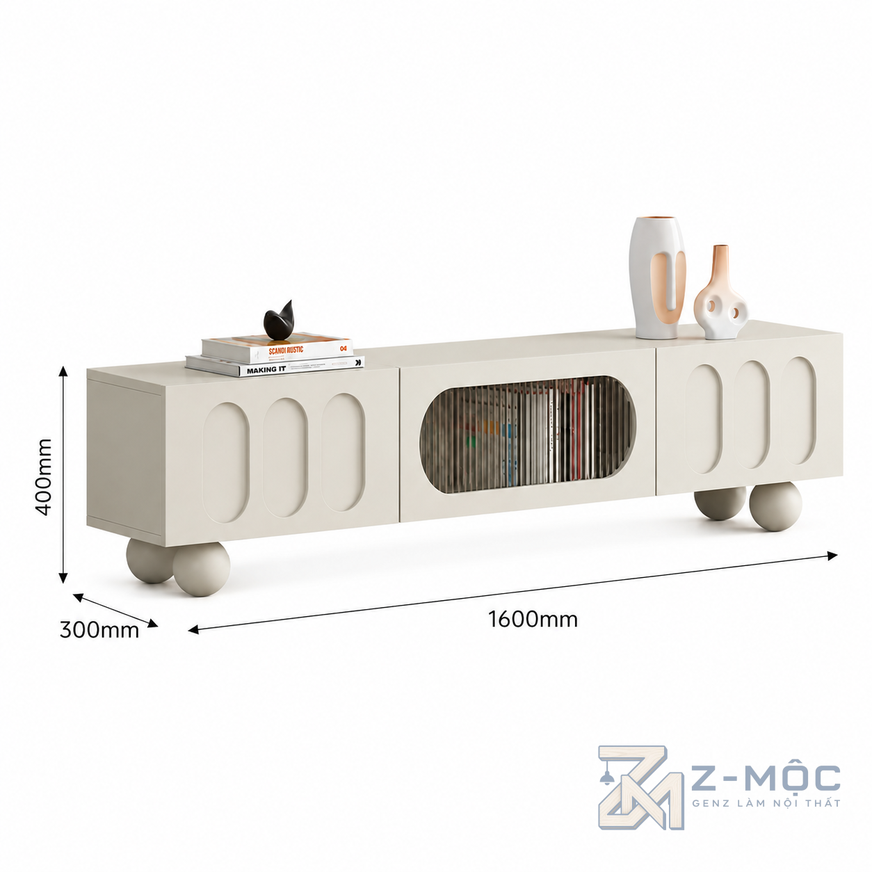 Kích thước chi tiết Kệ Tivi Trắng Cánh Kính Sọc Chân Bi ZM-90011