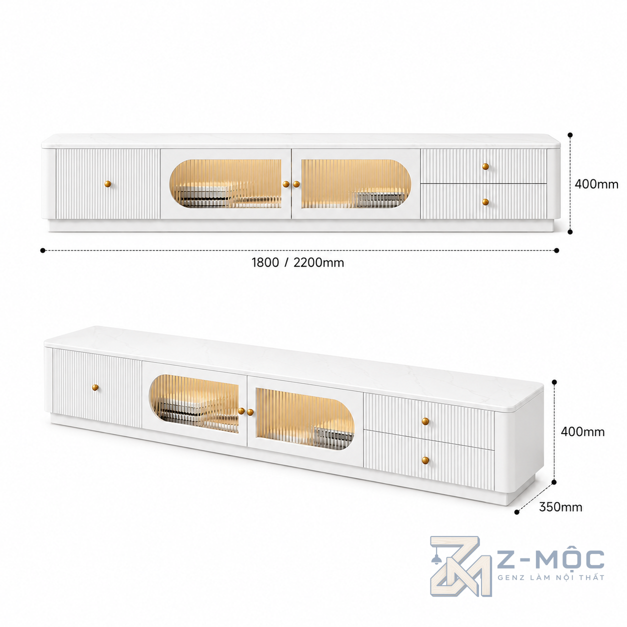 Kích thước chi tiết Kệ Tivi Trắng Cánh Kính Sọc Đẹp Độc Đáo ZM-90008
