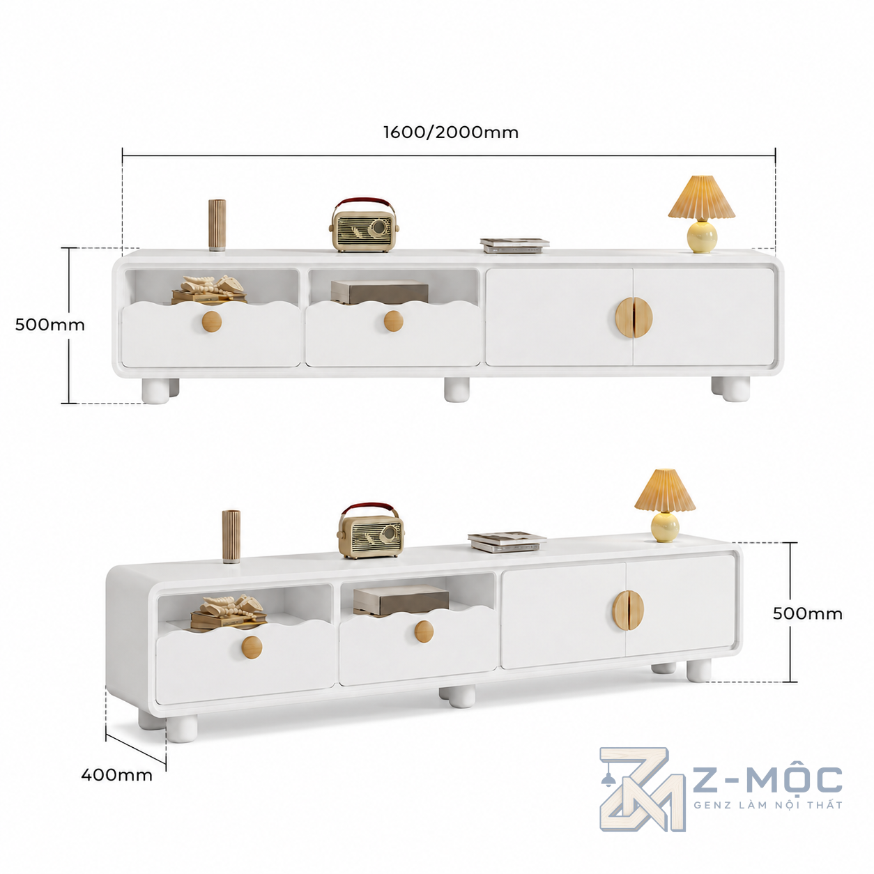 Kích thước chi tiết Kệ Tivi Trắng Ngăn Kéo Lượn Sóng Hiện Đại ZM-90012