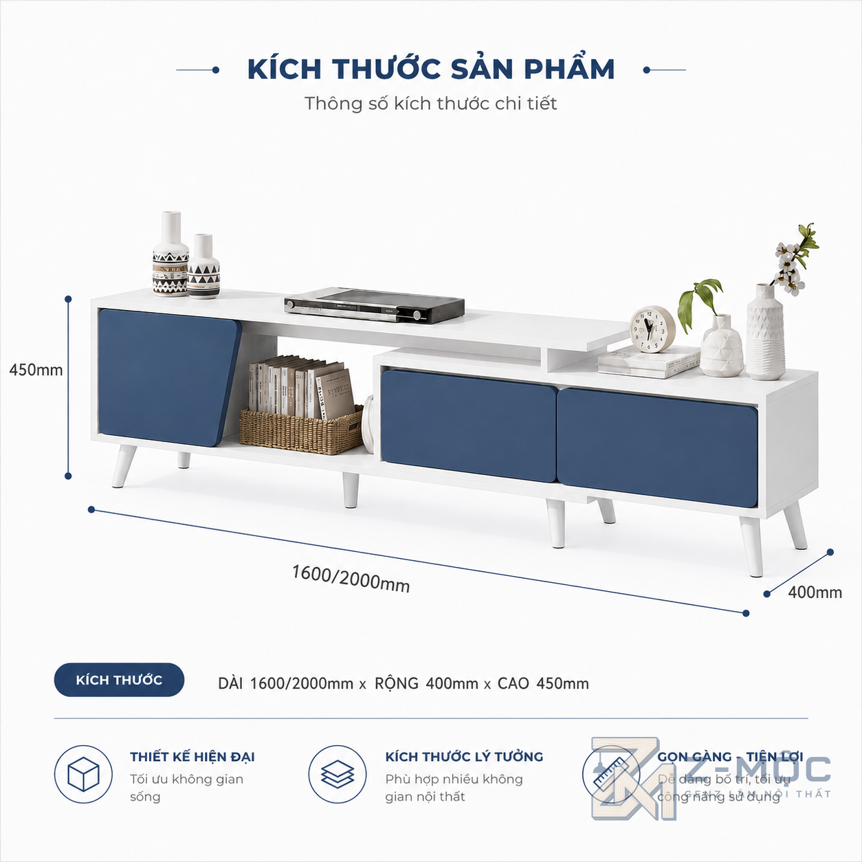 Kích thước chi tiết Kệ Tivi Trắng Phối Xanh Dương Hiện Đại ZM-90001