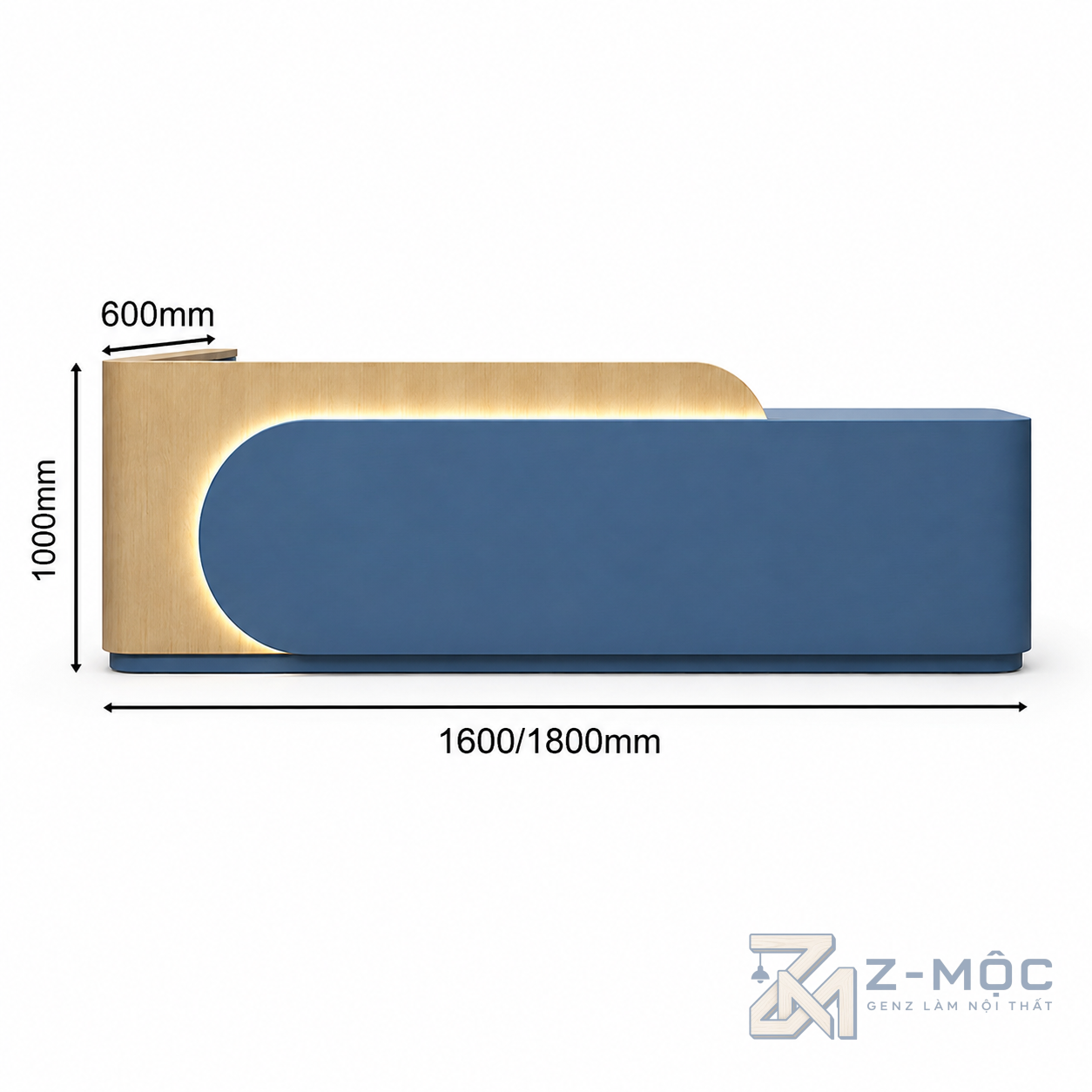 Kích thước chi tiết Quầy Lễ Tân Bo Cong Phối Vân Gỗ Xanh Có Đèn Hắt ZM-30003