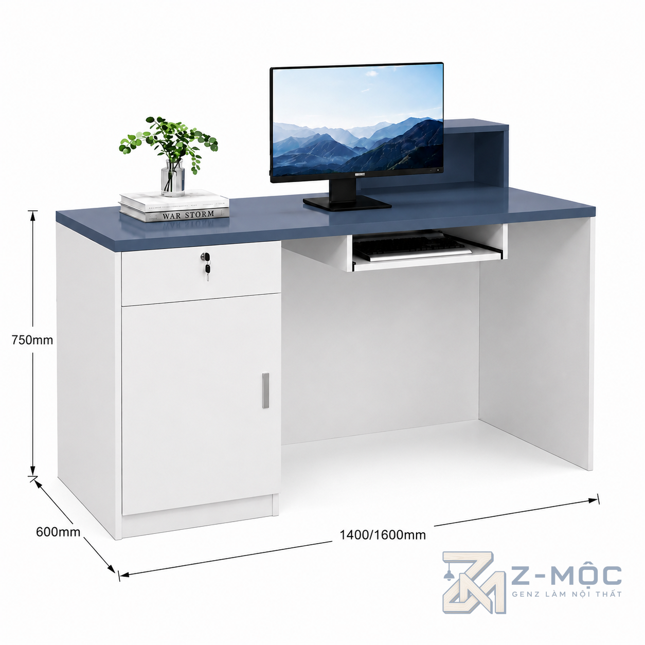 Kích thước chi tiết Quầy Lễ Tân Trắng Xanh Thiết Kế Độc Đáo Hiện Đại ZM-30008