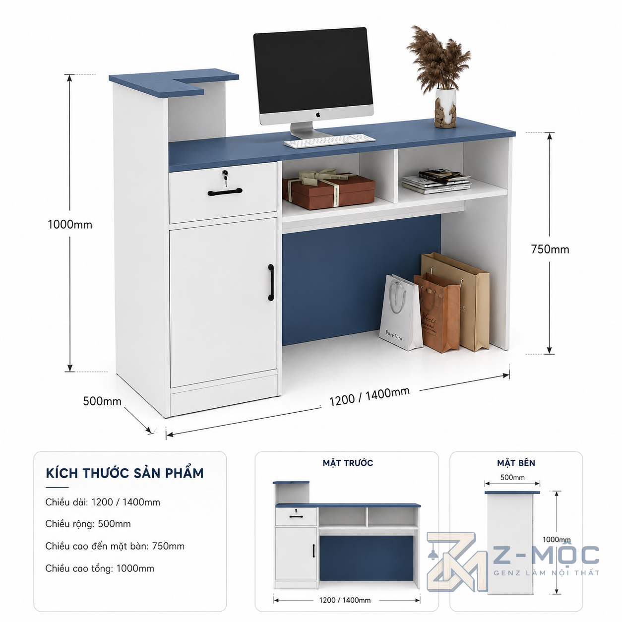 Kích thước chi tiết Quầy Lễ Tân Xanh Trắng Có Kệ Trưng Bày ZM-30005