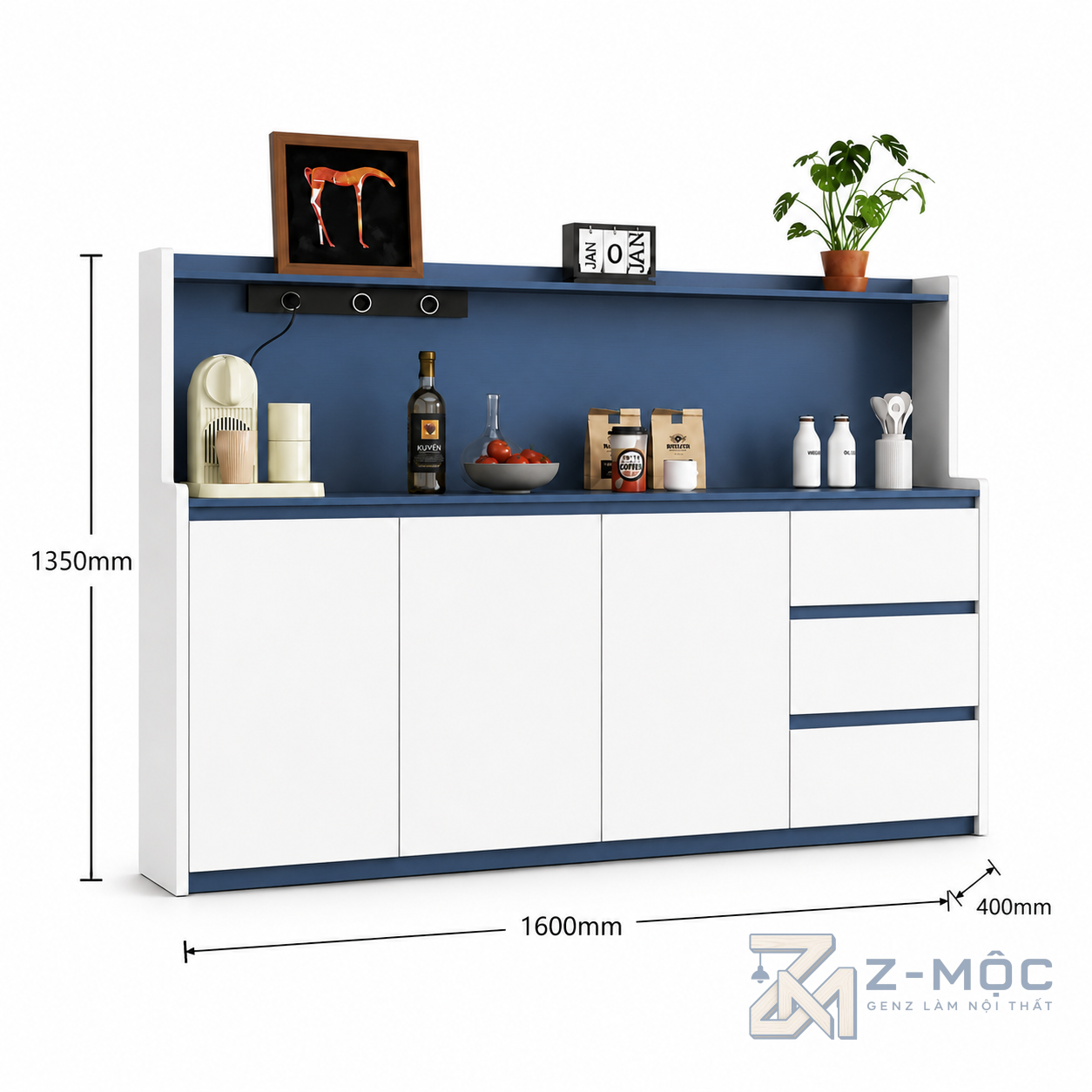 Kích thước chi tiết Tủ Buffet Màu Xanh Dương Kết Hợp Kệ Mở Hiện Đại ZM-94014 2