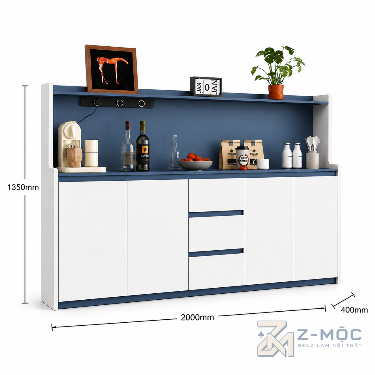 Kích thước chi tiết Tủ Buffet Màu Xanh Dương Kết Hợp Kệ Mở Hiện Đại ZM-94014 3