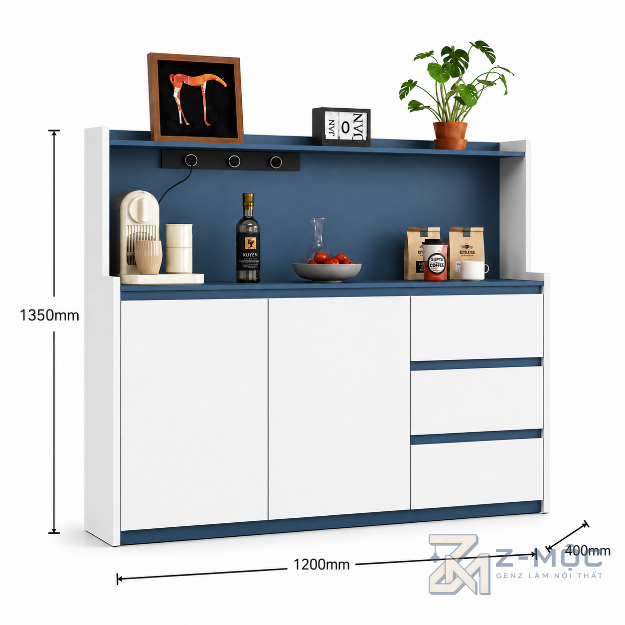 Kích thước chi tiết Tủ Buffet Màu Xanh Dương Kết Hợp Kệ Mở Hiện Đại ZM-94014