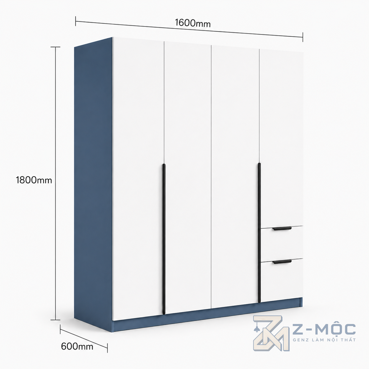 Kích thước chi tiết Tủ Quần Áo 4 Cánh Phối Xanh Trắng Nhỏ Gọn ZM-10038 2