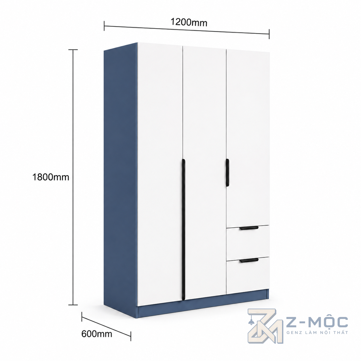 Kích thước chi tiết Tủ Quần Áo 4 Cánh Phối Xanh Trắng Nhỏ Gọn ZM-10038