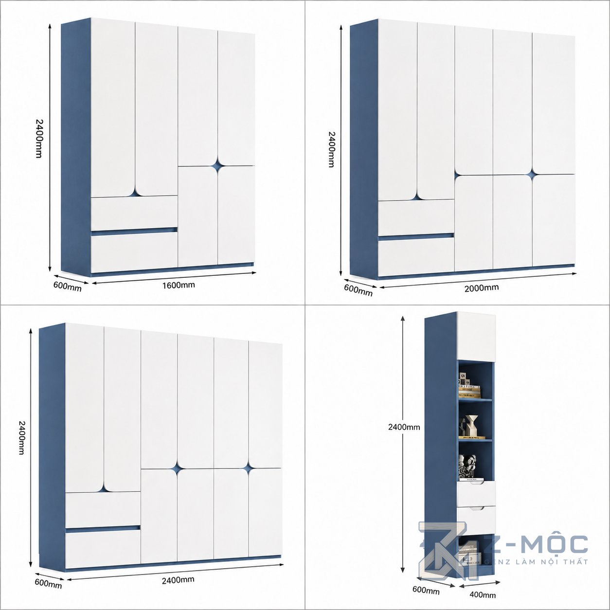 Kích thước chi tiết Tủ Quần Áo 4 Cánh Trắng Phối Xanh Kèm Kệ ZM-10041