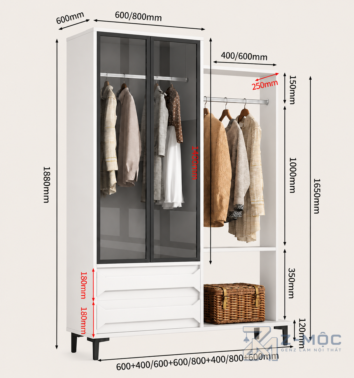 Kích thước chi tiết Tủ Quần Áo Cánh Kính Kết Hợp Kệ Treo Mở ZM-10046