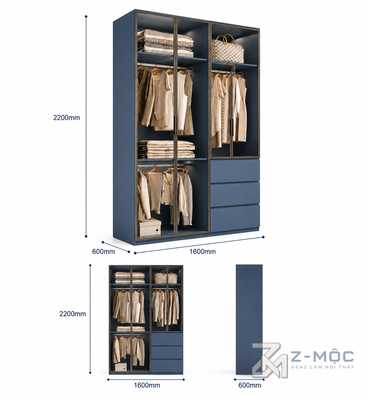 Kích thước chi tiết Tủ Quần Áo Cánh Kính Khung Nhôm Hiện Đại ZM-10027