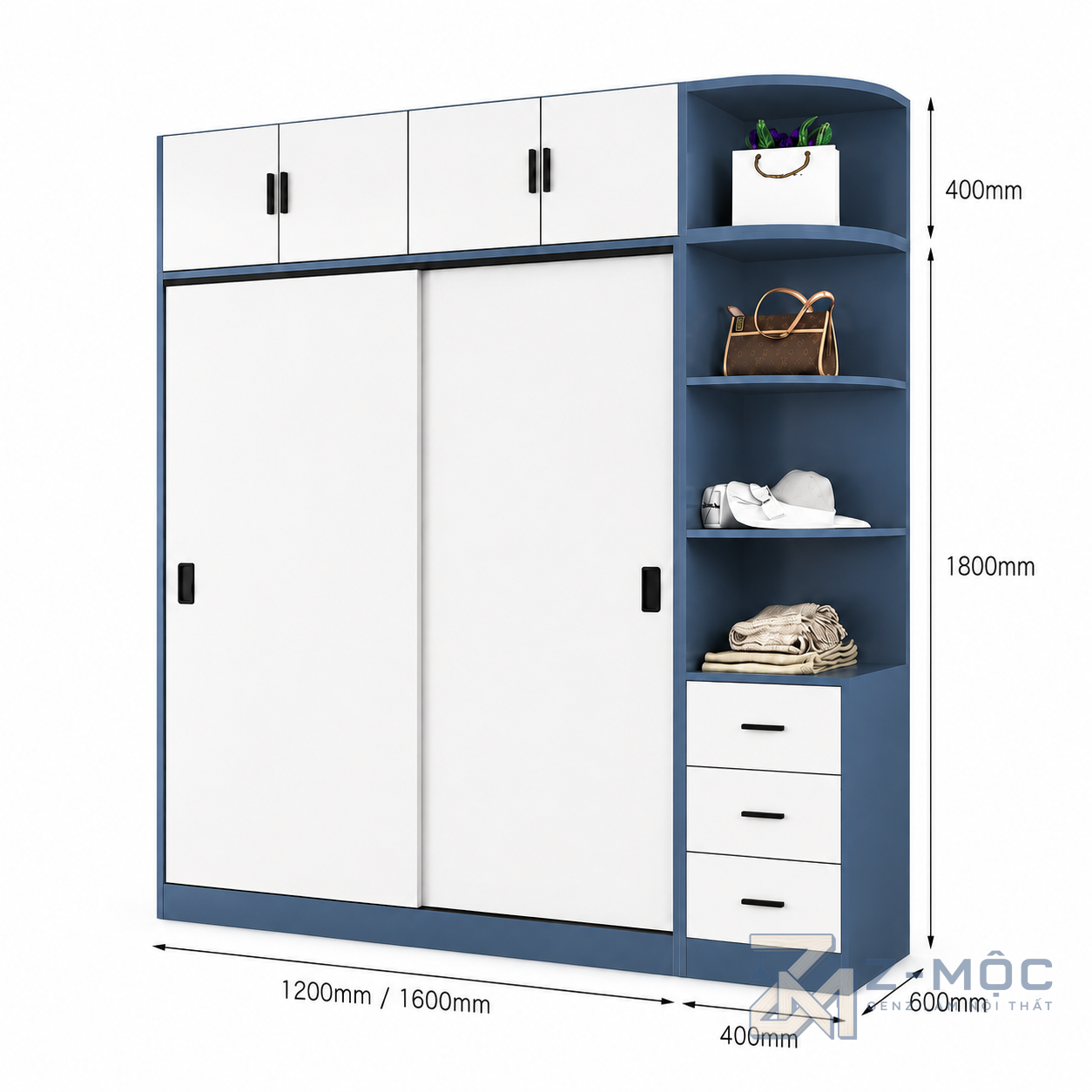 Kích thước chi tiết Tủ Quần Áo Cánh Lùa Phối Trắng Xanh Có Kệ ZM-10037