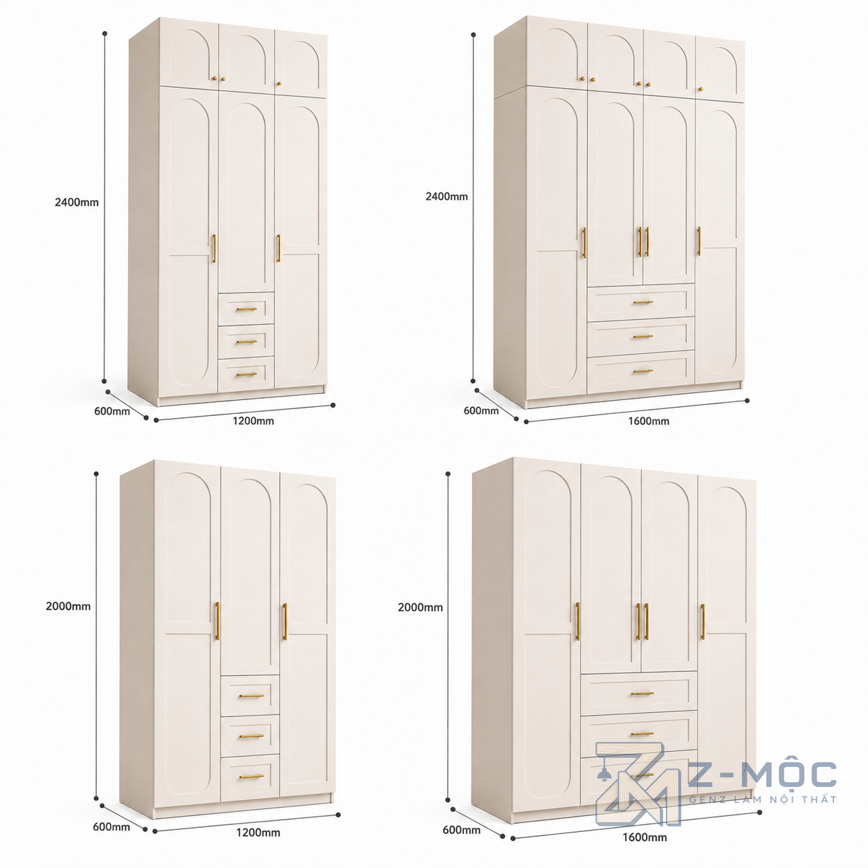 Kích thước chi tiết Tủ quần áo cánh vòm màu trắng thanh lịch ZM-10033