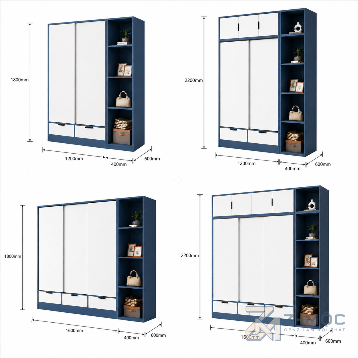 Kích thước chi tiết Tủ Quần Áo Cửa Lùa Kết Hợp Kệ Trang Trí Độc Đáo ZM-10022
