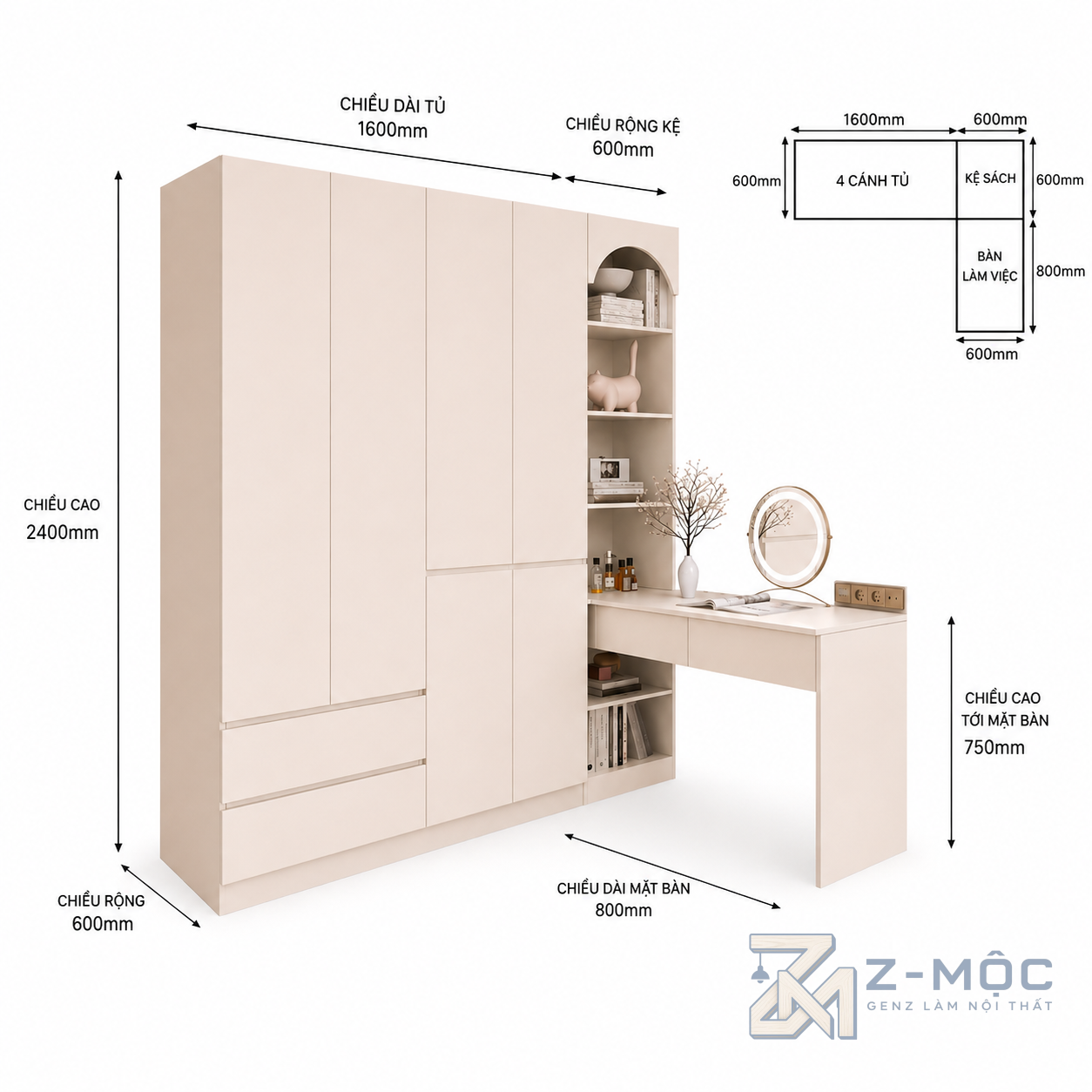 Kích thước chi tiết Tủ Quần Áo Kết Hợp Bàn Làm Việc Màu Kem ZM-10042 2