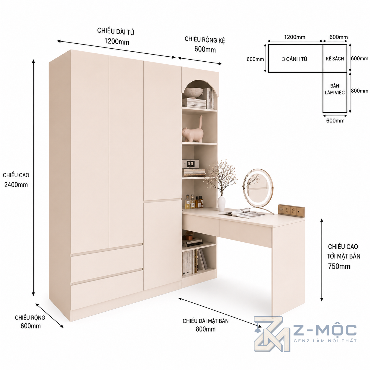 Kích thước chi tiết Tủ Quần Áo Kết Hợp Bàn Làm Việc Màu Kem ZM-10042
