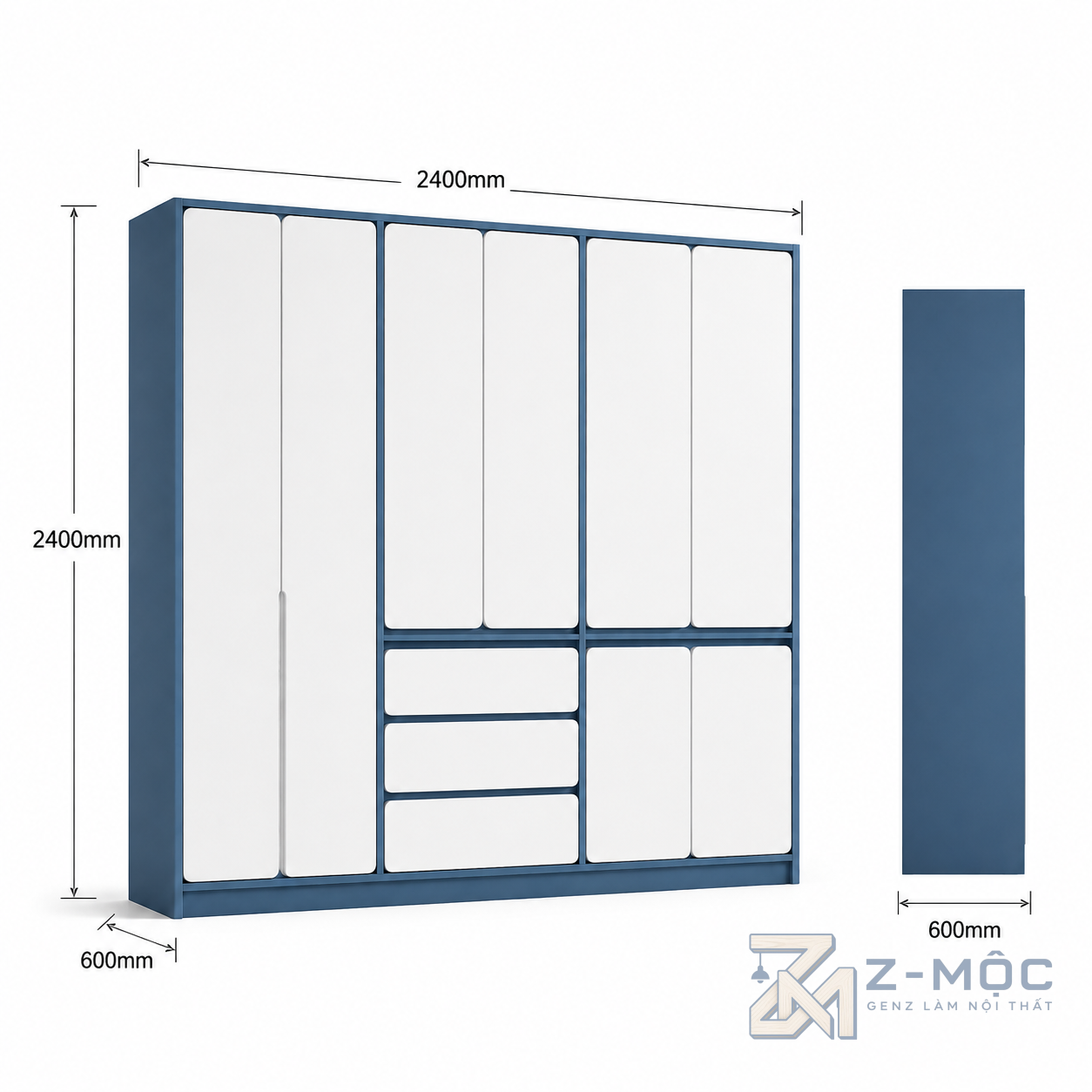 Kích thước chi tiết Tủ Quần Áo Khung Xanh Phối Cánh Trắng Nhiều Khoang ZM-10039 2
