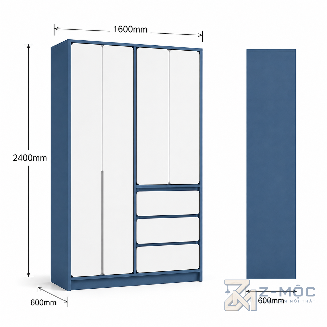 Kích thước chi tiết Tủ Quần Áo Khung Xanh Phối Cánh Trắng Nhiều Khoang ZM-10039