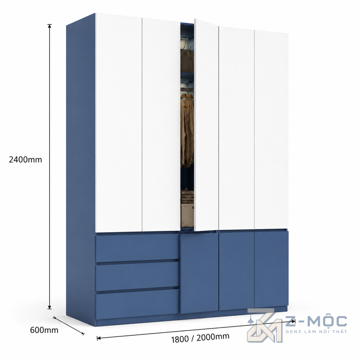 Kích thước chi tiết Tủ Quần Áo Kịch Trần Phối Xanh Trắng ZM-10030 2