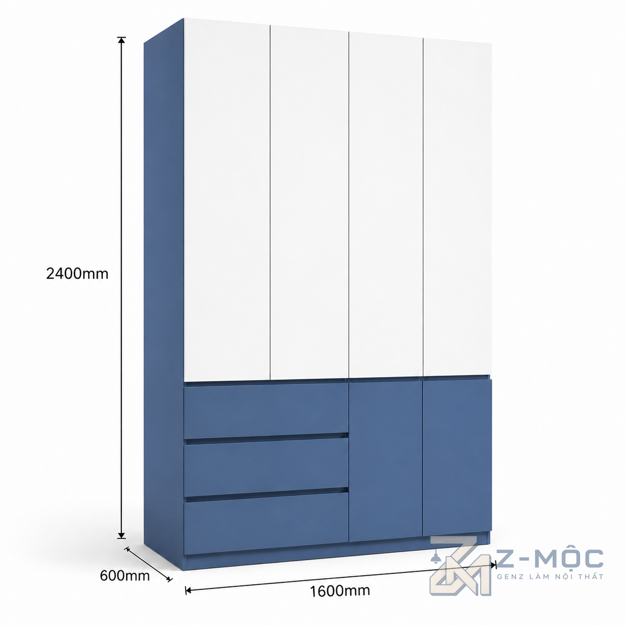 Kích thước chi tiết Tủ Quần Áo Kịch Trần Phối Xanh Trắng ZM-10030