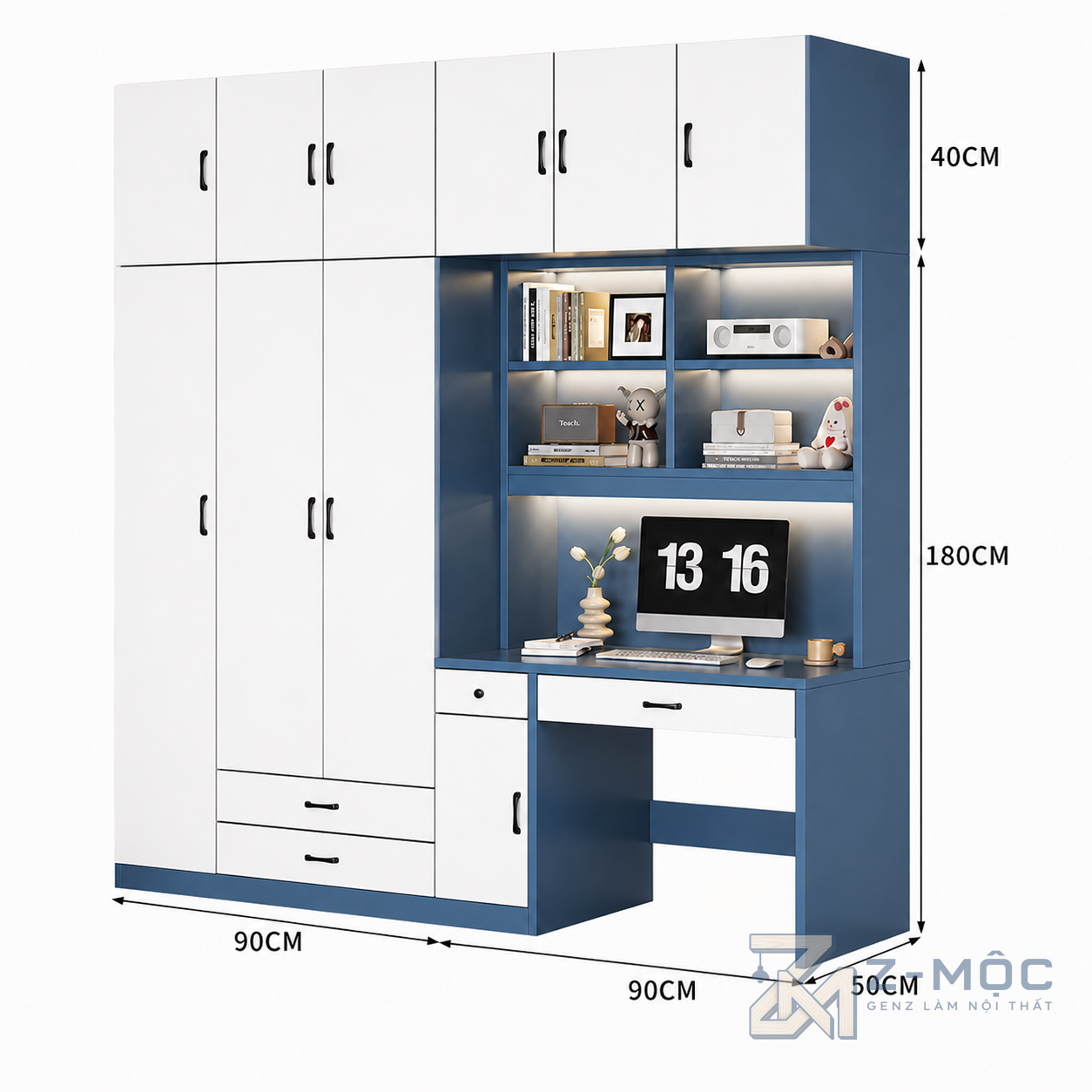 Kích thước chi tiết Tủ Quần Áo Liền Bàn Học Màu Xanh Trắng Hiện Đại ZM-10029