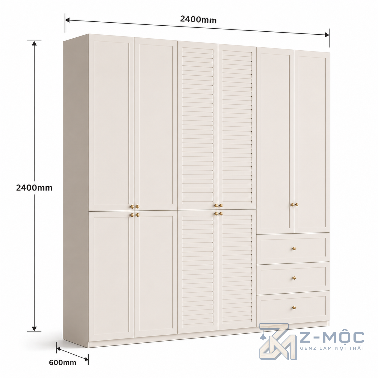 Kích thước chi tiết Tủ Quần Áo Màu Trắng Kem Thiết Kế Đơn Giản Hiện Đại ZM-10044 2