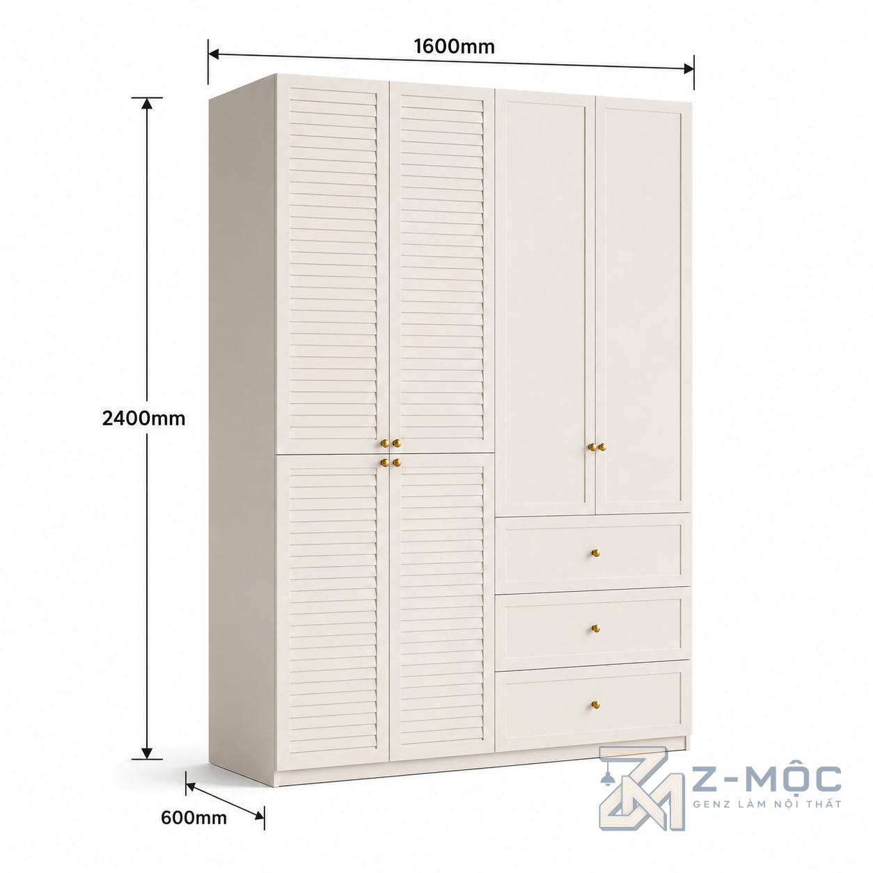 Kích thước chi tiết Tủ Quần Áo Màu Trắng Kem Thiết Kế Đơn Giản Hiện Đại ZM-10044