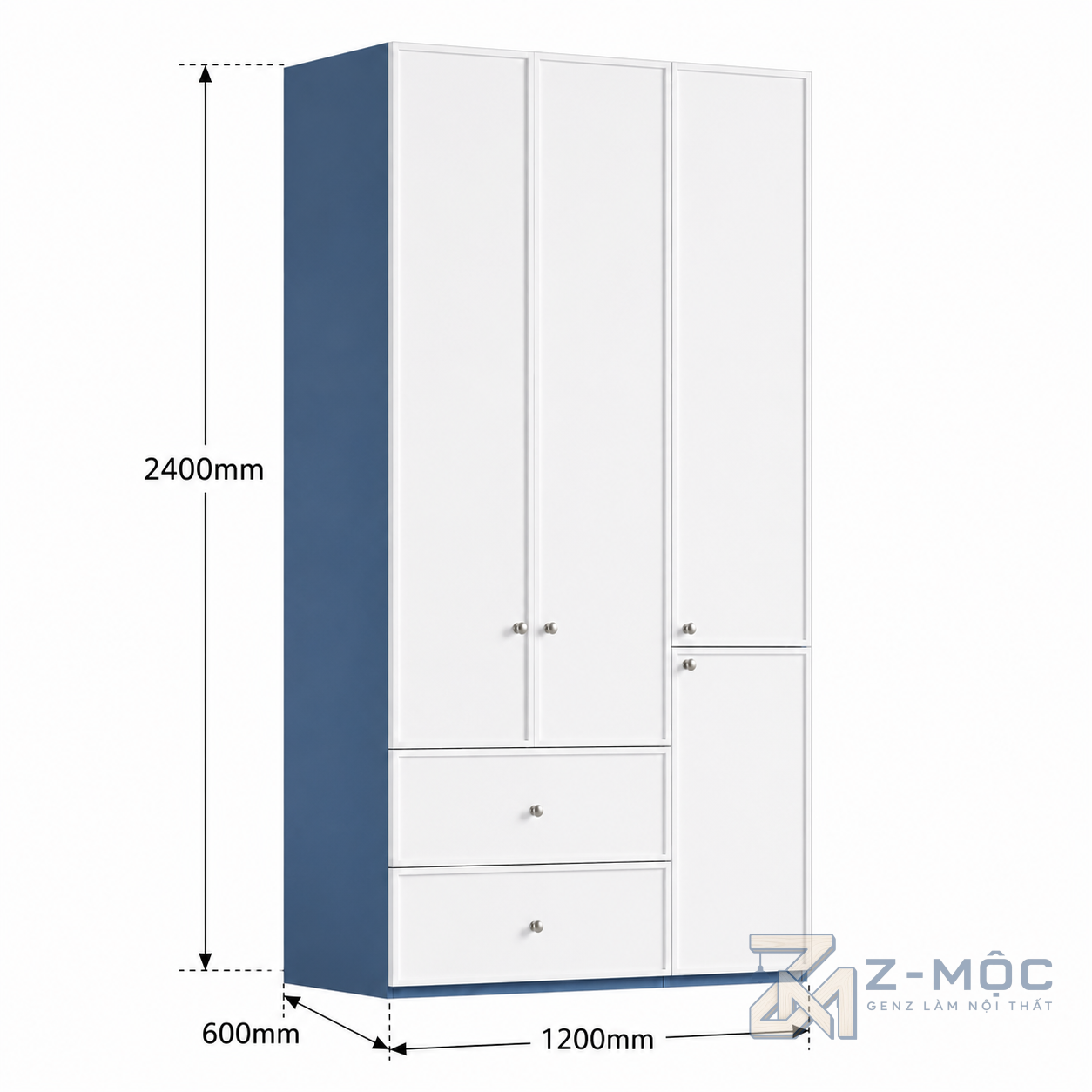 Kích thước chi tiết Tủ Quần Áo Phối Trắng Xanh Nhiều Ngăn Hiện Đại ZM-10035