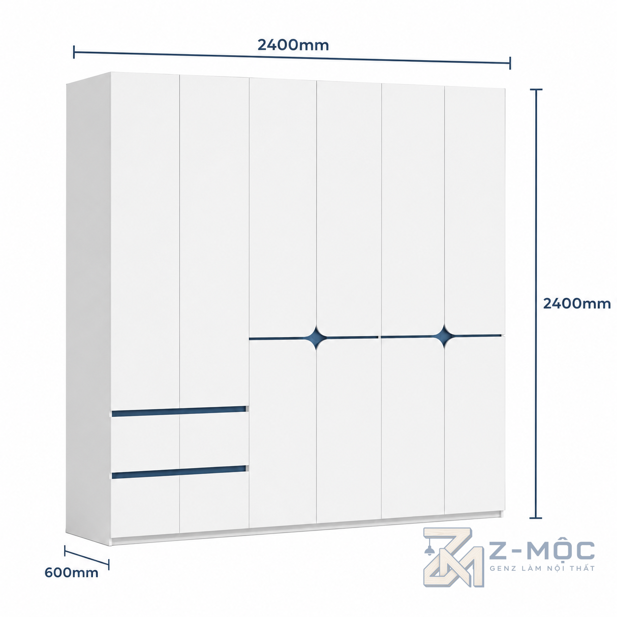 Kích thước chi tiết Tủ Quần Áo Thiết Kế Độc Đáo Hiện Đại Màu Trắng ZM-10031 2