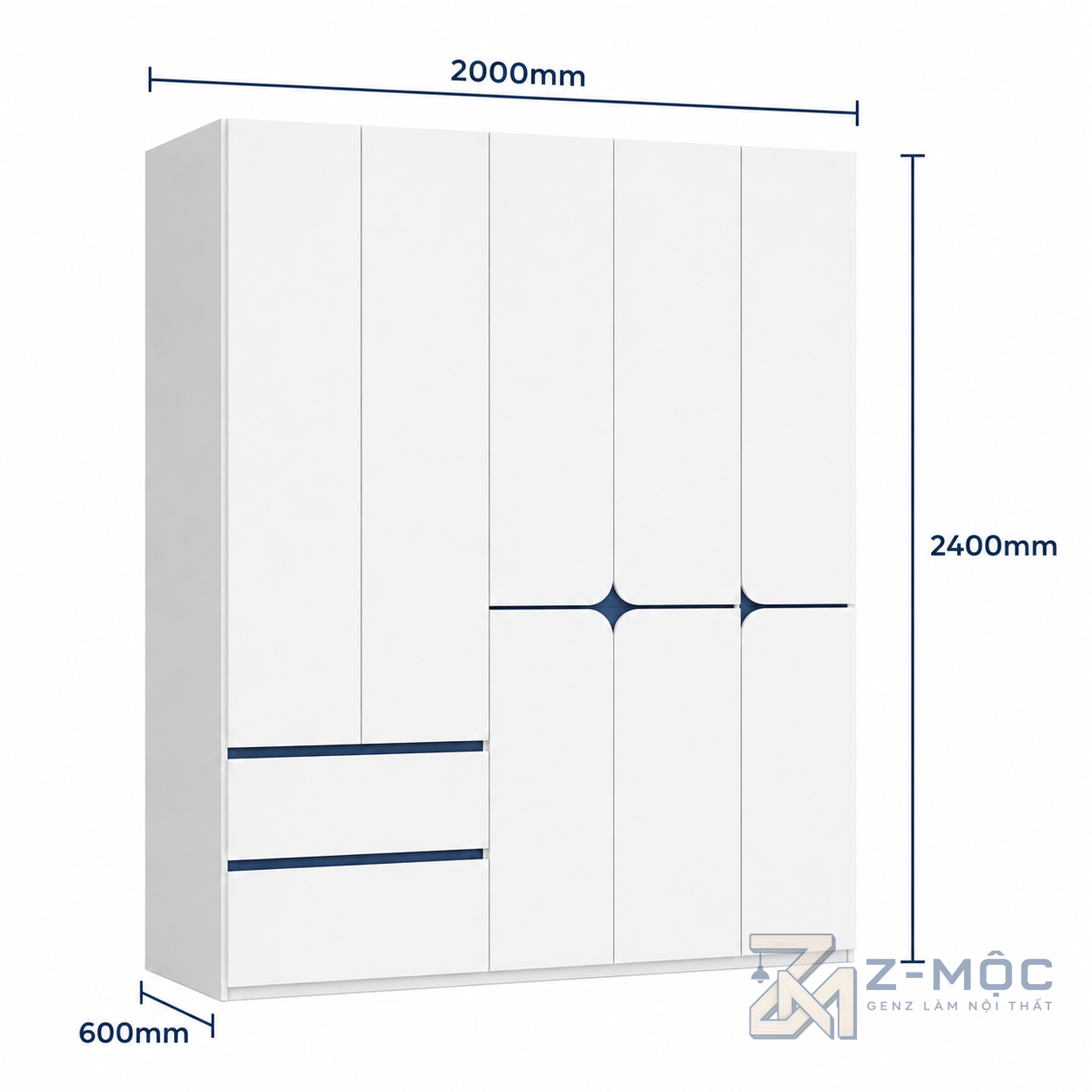 Kích thước chi tiết Tủ Quần Áo Thiết Kế Độc Đáo Hiện Đại Màu Trắng ZM-10031 3