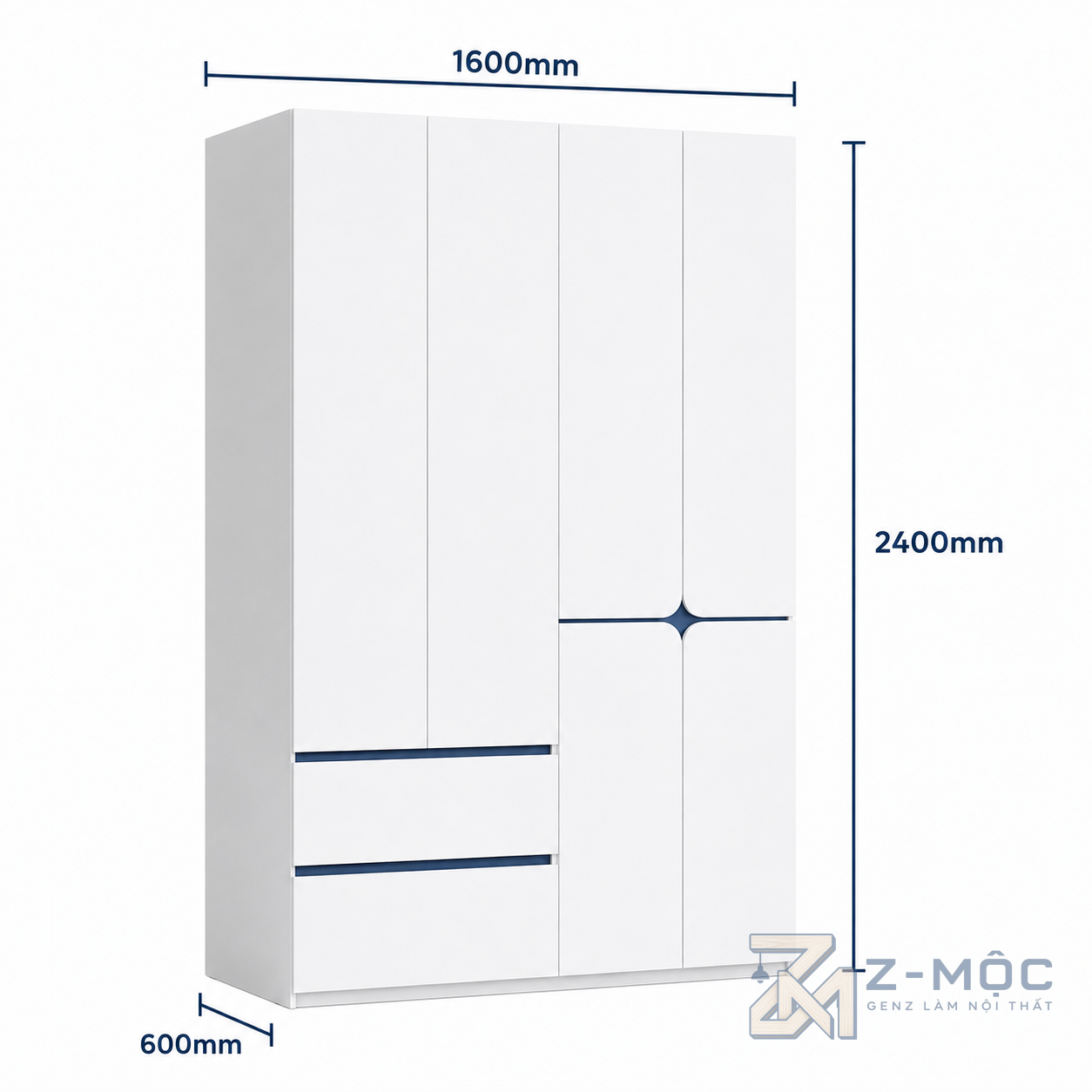 Kích thước chi tiết Tủ Quần Áo Thiết Kế Độc Đáo Hiện Đại Màu Trắng ZM-10031