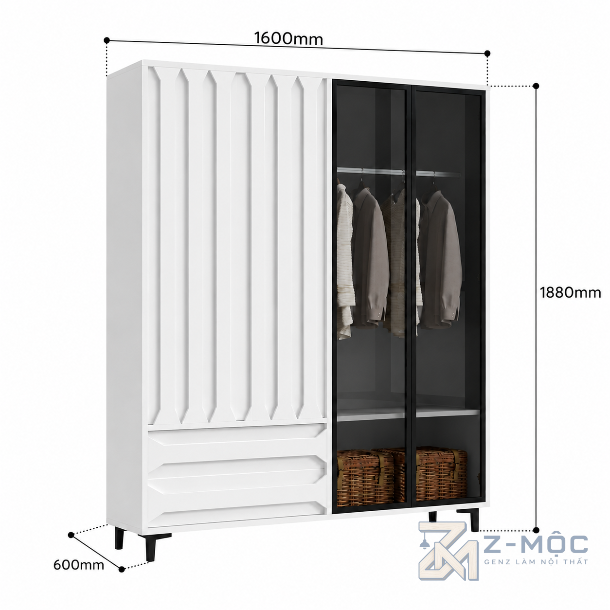 Kích thước chi tiết Tủ Quần Áo Trắng Phối Cánh Kính Đen Nhỏ Gọn ZM-10045 2