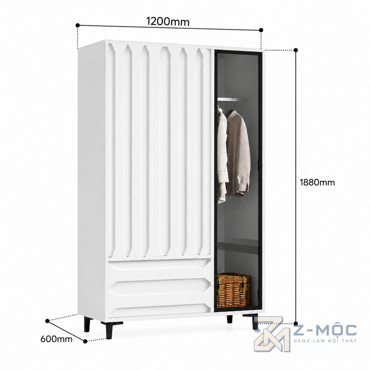 Kích thước chi tiết Tủ Quần Áo Trắng Phối Cánh Kính Đen Nhỏ Gọn ZM-10045