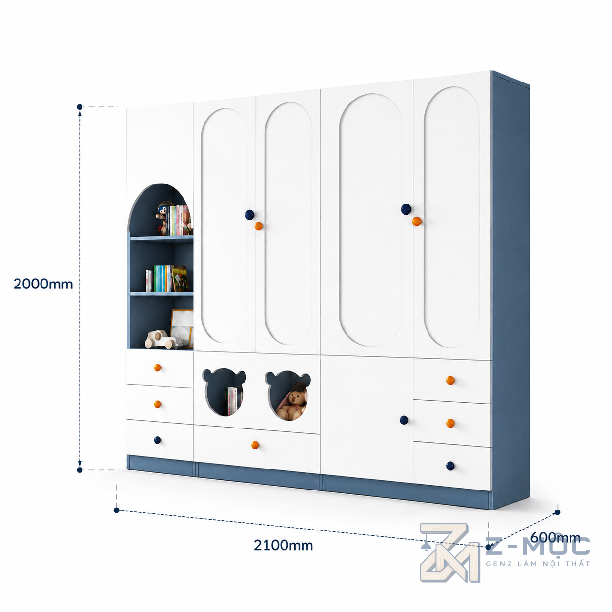 Kích thước chi tiết Tủ Quần Áo Trẻ Em 4 Cánh Kèm Kệ ZM-10032 2