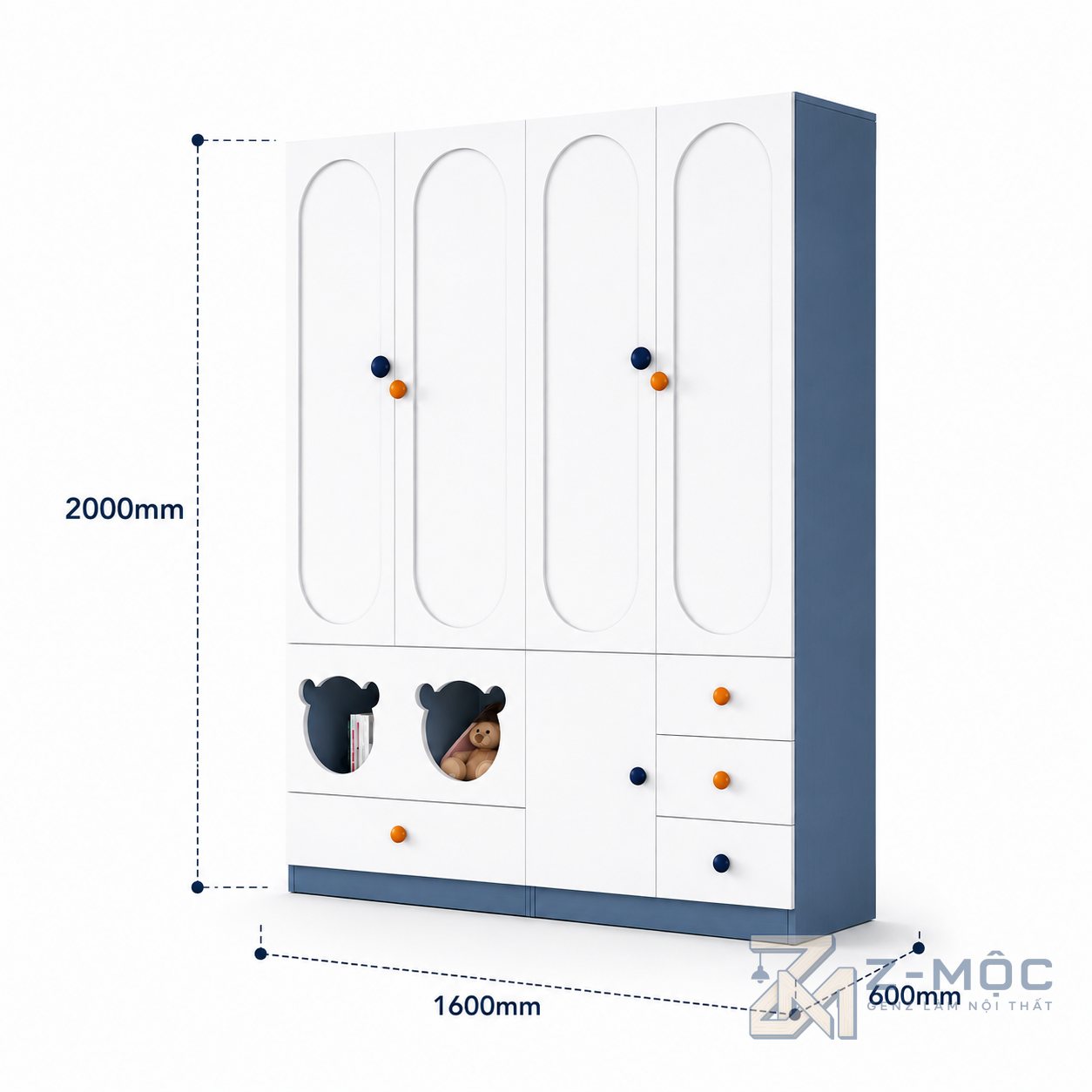 Kích thước chi tiết Tủ Quần Áo Trẻ Em 4 Cánh Kèm Kệ ZM-10032 3