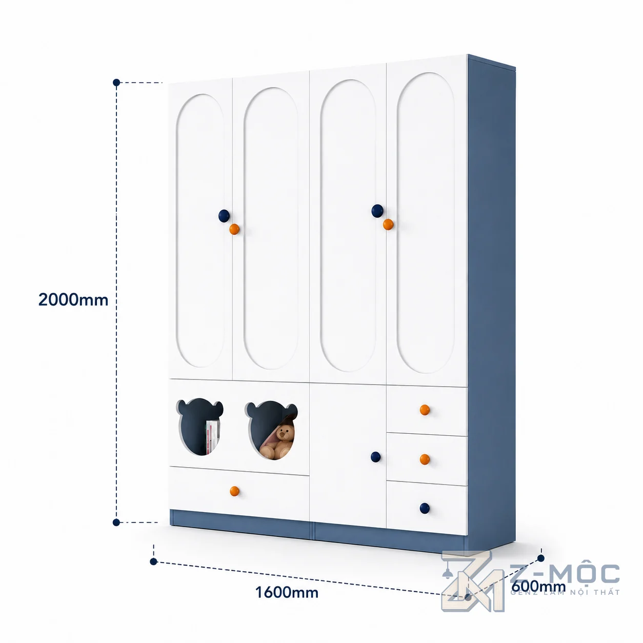 Kích thước chi tiết Tủ Quần Áo Trẻ Em 4 Cánh Kèm Kệ ZM-10032 3