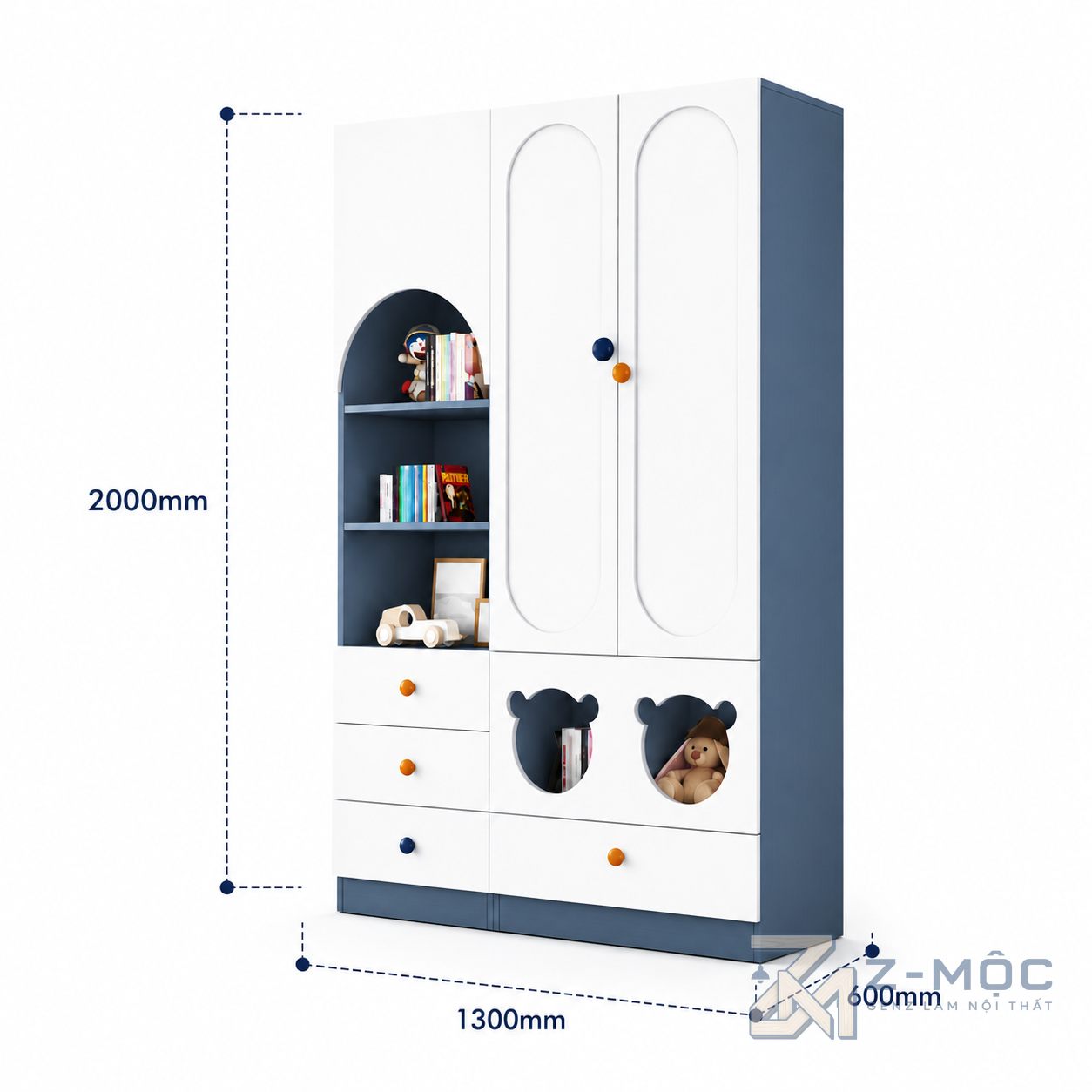 Kích thước chi tiết Tủ Quần Áo Trẻ Em 4 Cánh Kèm Kệ ZM-10032