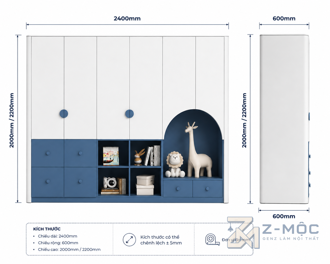 Kích thước chi tiết Tủ Quần Áo Trẻ Em Kết Hợp Kệ Trang Trí Màu Xanh Trắng ZM-10025 2