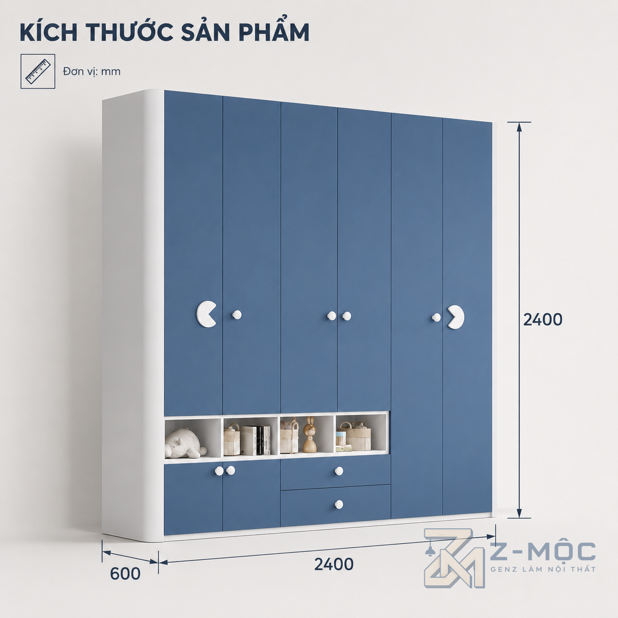 Kích thước chi tiết Tủ Quần Áo Trẻ Em Nhiều Cánh Thiết Kế Nhiều Ngăn Cho Bé ZM-10043 2