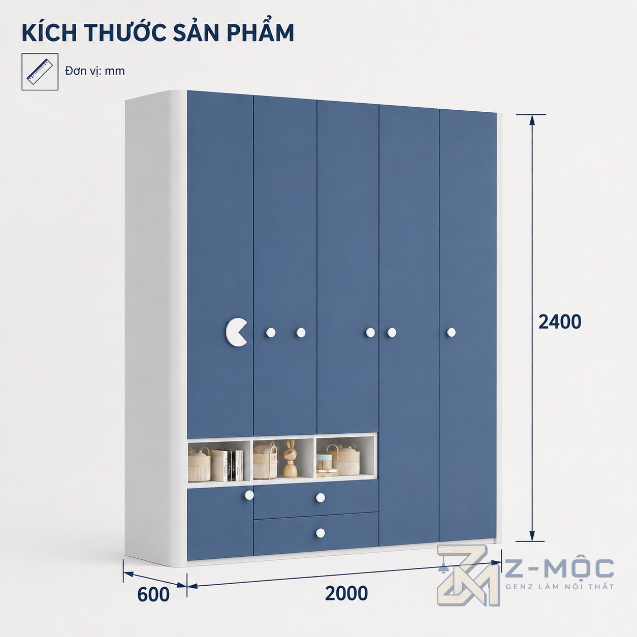 Kích thước chi tiết Tủ Quần Áo Trẻ Em Nhiều Cánh Thiết Kế Nhiều Ngăn Cho Bé ZM-10043 3