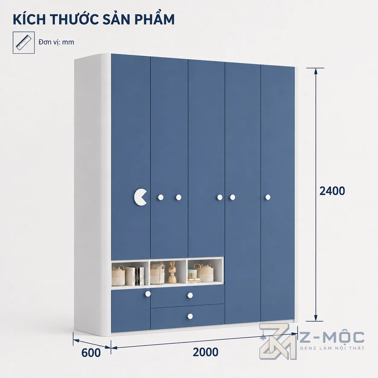 Kích thước chi tiết Tủ Quần Áo Trẻ Em Nhiều Cánh Thiết Kế Nhiều Ngăn Cho Bé ZM-10043 3