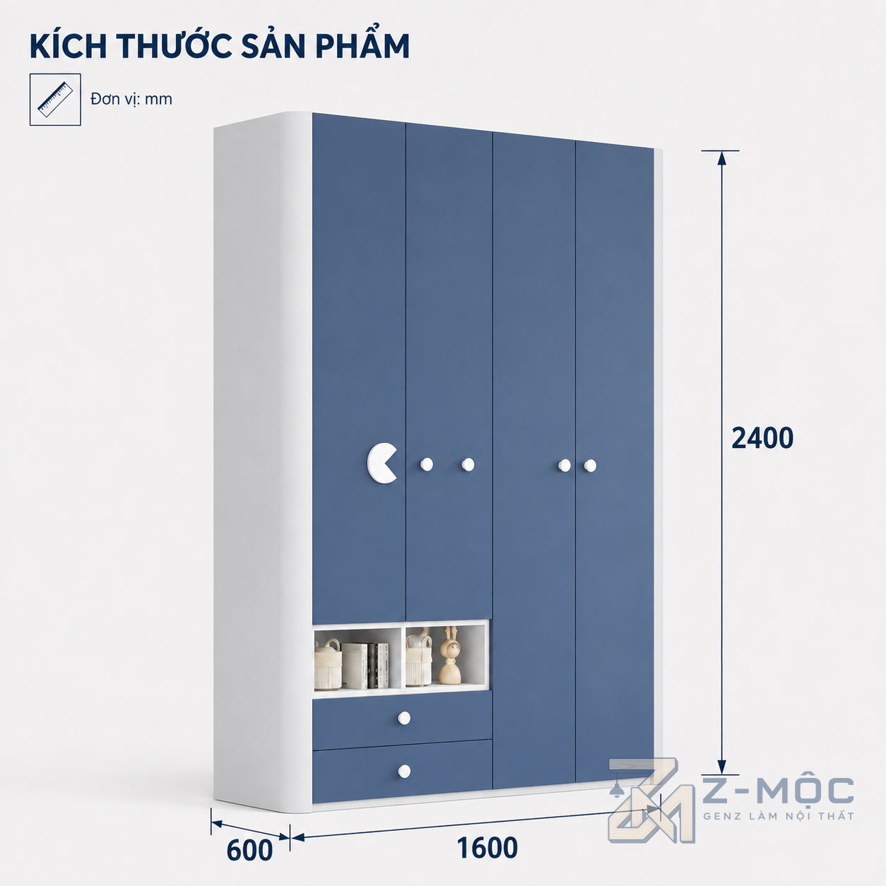 Kích thước chi tiết Tủ Quần Áo Trẻ Em Nhiều Cánh Thiết Kế Nhiều Ngăn Cho Bé ZM-10043